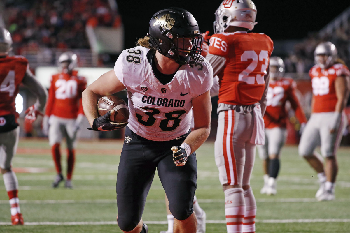 Colorado tight end Brady Russell (38) celebrates his touchdown against Utah on Nov. 30, 2019.